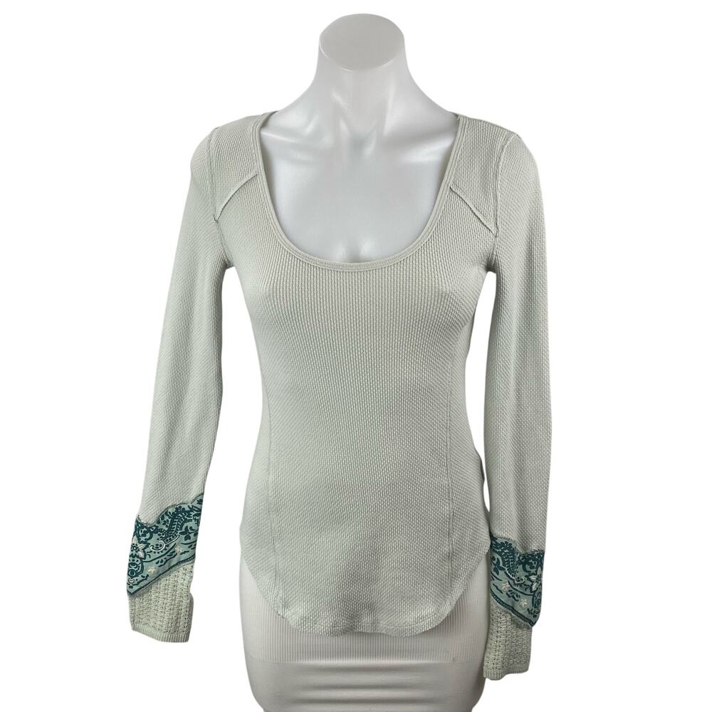 Free People We The Free Green Bandana Cuff Waffle Knit Long Sleeve Sweater Sz S